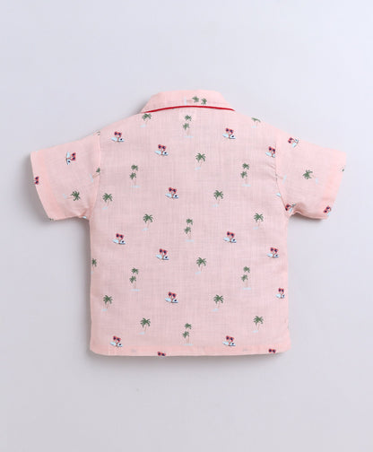 The Magic Wand Poplin Cotton Half Sleeves AII Palm Tree Printed Night Suit Set- Peach