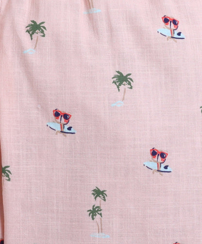 The Magic Wand Poplin Cotton Half Sleeves AII Palm Tree Printed Night Suit Set- Peach