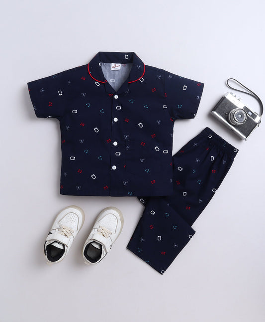 The Magic Wand Poplin Cotton Half Sleeves AII Over Printed Night Suit Set- Navy Blue
