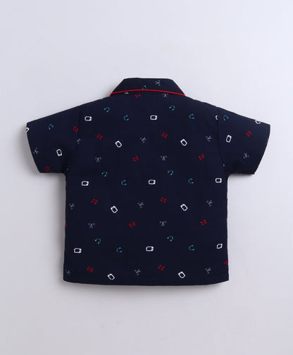 The Magic Wand Poplin Cotton Half Sleeves AII Over Printed Night Suit Set- Navy Blue