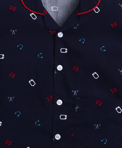 The Magic Wand Poplin Cotton Half Sleeves AII Over Printed Night Suit Set- Navy Blue