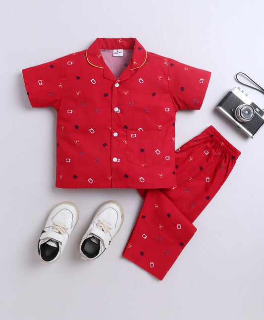The Magic Wand Poplin Cotton Half Sleeves AII Over Printed Night Suit Set- Maroon