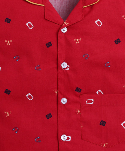 The Magic Wand Poplin Cotton Half Sleeves AII Over Printed Night Suit Set- Maroon