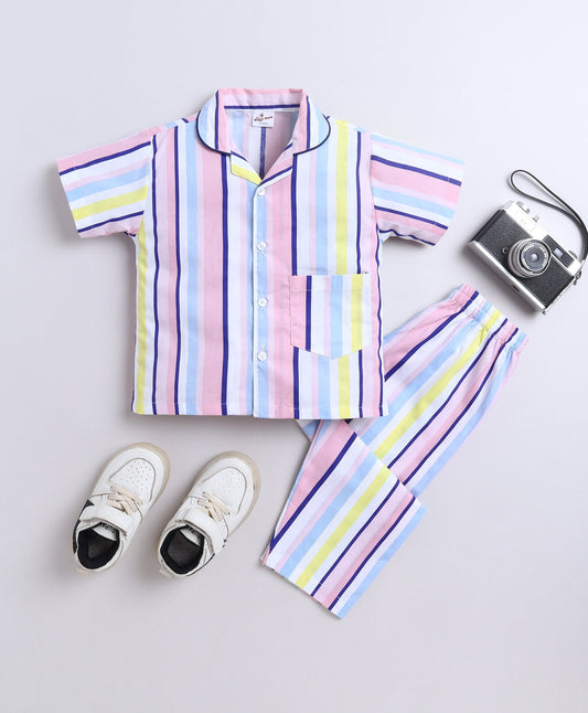 The Magic Wand Poplin Cotton Half Sleeves Stripe Printed Night Suit Set- Multi