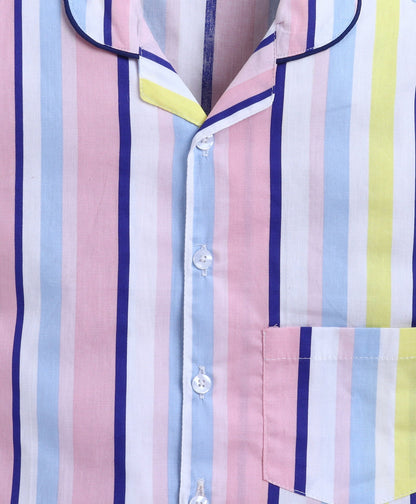 The Magic Wand Poplin Cotton Half Sleeves Stripe Printed Night Suit Set- Multi
