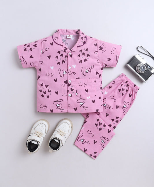 The Magic Wand Poplin Cotton Half Sleeves Heart Printed Night Suit Set- Pink