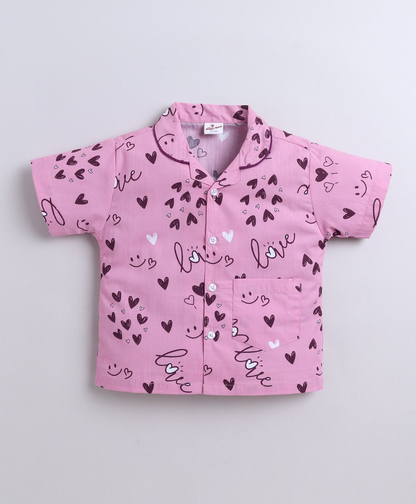 The Magic Wand Poplin Cotton Half Sleeves Heart Printed Night Suit Set- Pink