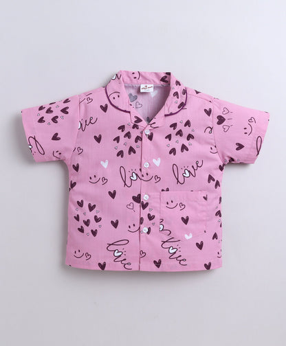 The Magic Wand Poplin Cotton Half Sleeves Heart Printed Night Suit Set- Pink