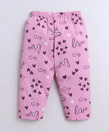 The Magic Wand Poplin Cotton Half Sleeves Heart Printed Night Suit Set- Pink