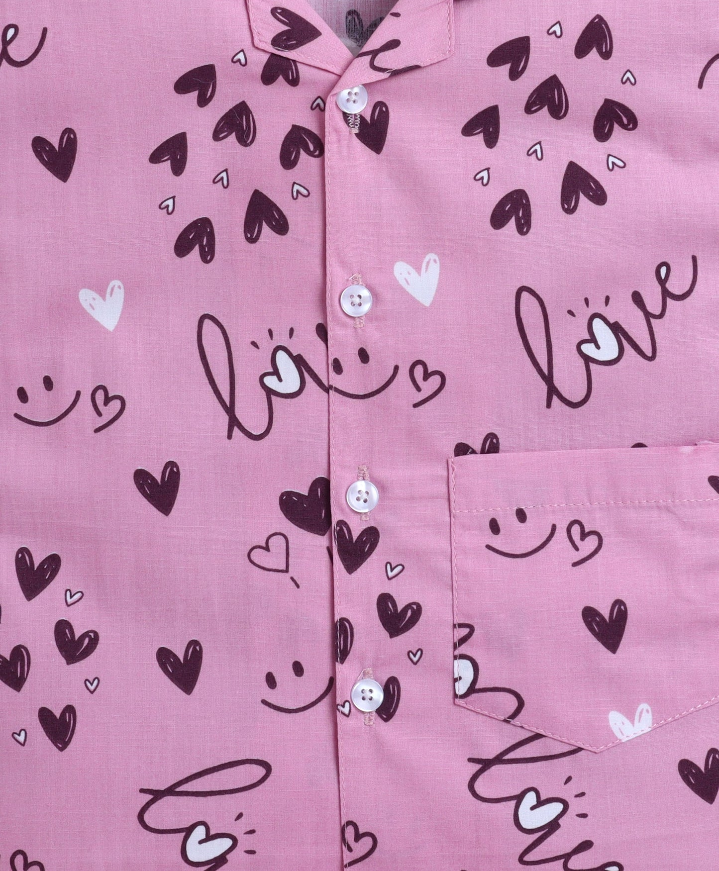 The Magic Wand Poplin Cotton Half Sleeves Heart Printed Night Suit Set- Pink