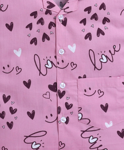 The Magic Wand Poplin Cotton Half Sleeves Heart Printed Night Suit Set- Pink
