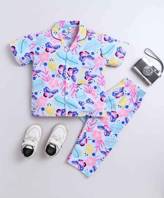 The Magic Wand WovenCotton Half Sleeves Butterfly Printed Night Suit Set- White