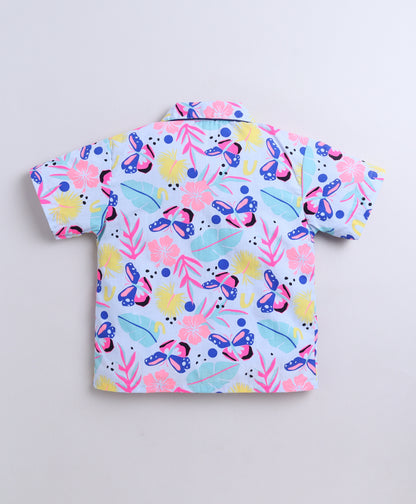 The Magic Wand WovenCotton Half Sleeves Butterfly Printed Night Suit Set- White