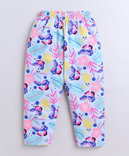 The Magic Wand WovenCotton Half Sleeves Butterfly Printed Night Suit Set- White