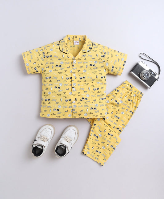 The Magic Wand Poplin Cotton Half Sleeves Sunglasses Printed Night Suit Set- Yellow
