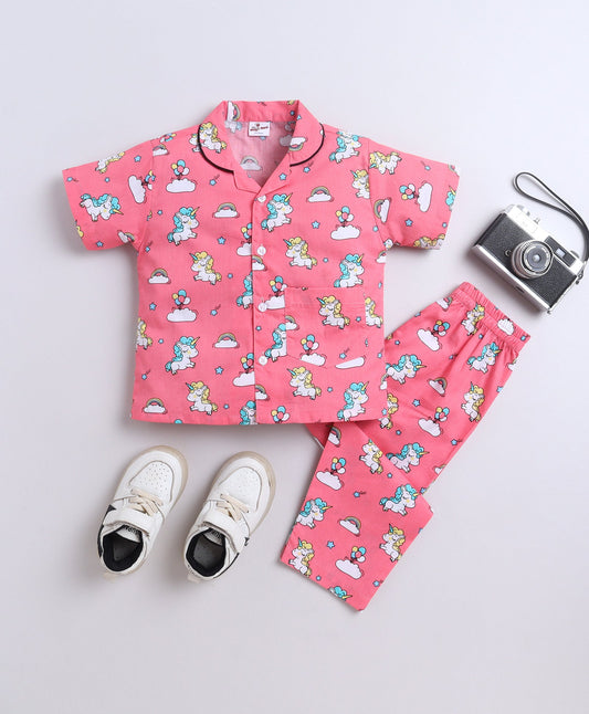 The Magic Wand Poplin Cotton Half Sleeves Unicorn Printed Night Suit Set- Pink