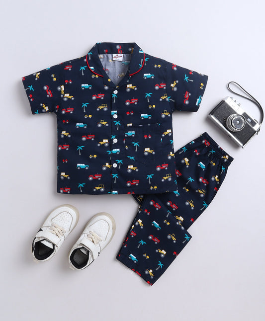 The Magic Wand Woven Rayon Half Sleeves AII Over Printed Night Suit Set- Navy Blue