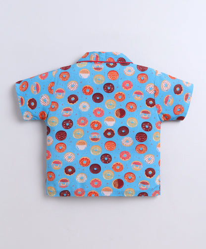 The Magic Wand Poplin Cotton Half Sleeves Donuts Printed Night Suit Set- Blue
