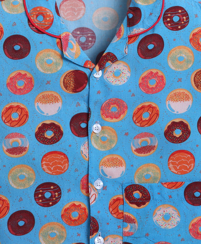The Magic Wand Poplin Cotton Half Sleeves Donuts Printed Night Suit Set- Blue