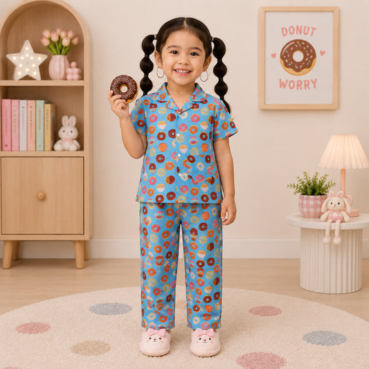 Cotton Half Sleeves Donuts Printed Night Suit Set- Blue