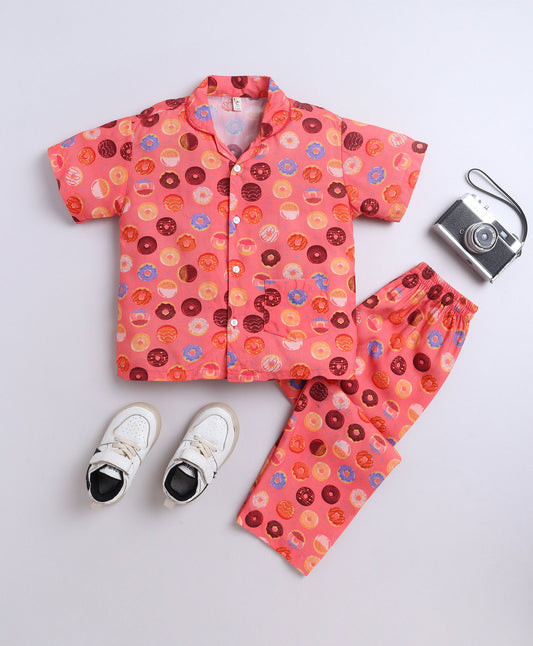 The Magic Wand Poplin Cotton Half Sleeves Donuts Printed Night Suit Set- Orange