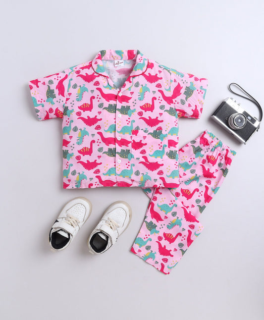 The Magic Wand Poplin Cotton Half Sleeves Dinosaur Printed Night Suit Set- Pink