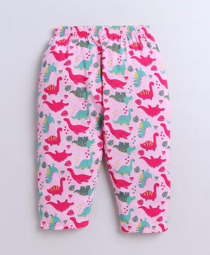 The Magic Wand Poplin Cotton Half Sleeves Dinosaur Printed Night Suit Set- Pink