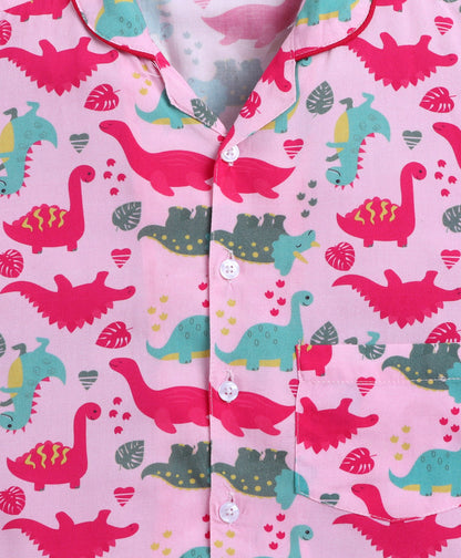 The Magic Wand Poplin Cotton Half Sleeves Dinosaur Printed Night Suit Set- Pink