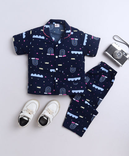 Poplin Cotton Half Sleeves AII Over Printed Night Suit Set - Navy Blue