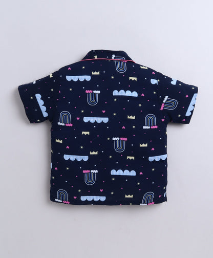 Poplin Cotton Half Sleeves AII Over Printed Night Suit Set - Navy Blue
