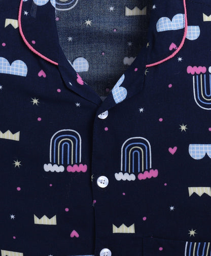 Poplin Cotton Half Sleeves AII Over Printed Night Suit Set - Navy Blue
