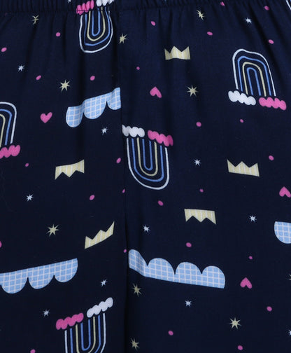 Poplin Cotton Half Sleeves AII Over Printed Night Suit Set - Navy Blue