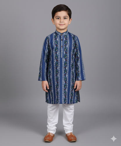 Woven Digital Printed Full Sleeves Kurta and Pyjama Set - Navy Blue