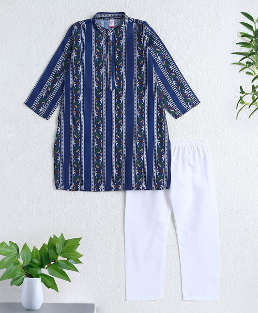 The Magic Wand Woven Digital Printed Full Sleeves Kurta and Pyjama Set- Navy Blue