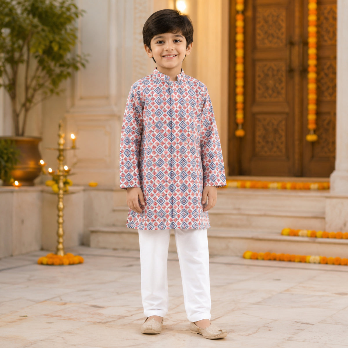 Woven Full Sleeves Ikat Digital Printed Kurta & Pyjama Set - Multi