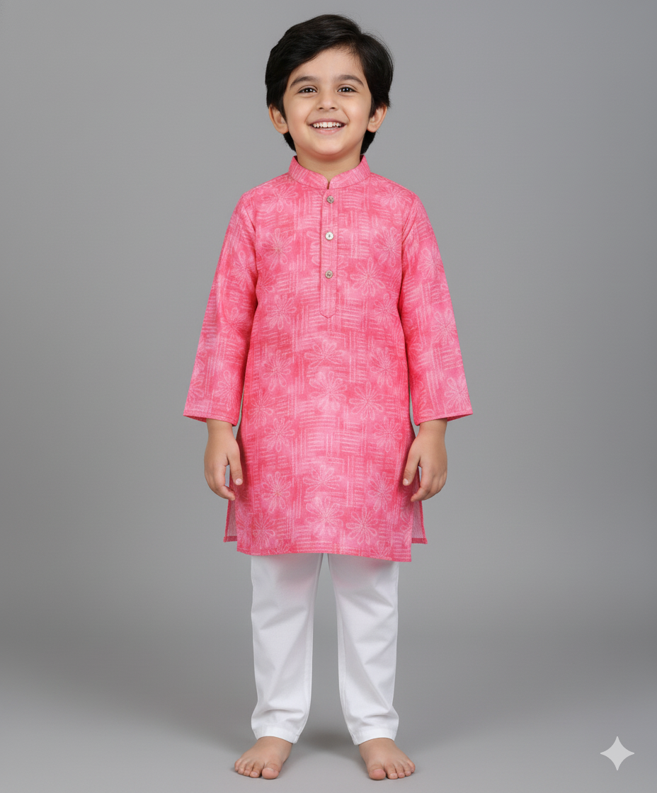 Woven Full Sleeves Digital Printed Kurta & Pyjama Set - Pink
