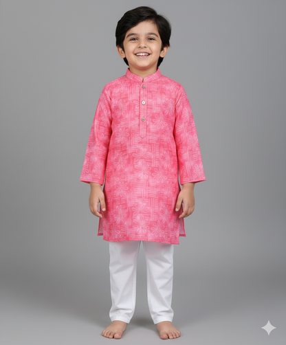 Woven Full Sleeves Digital Printed Kurta & Pyjama Set - Pink