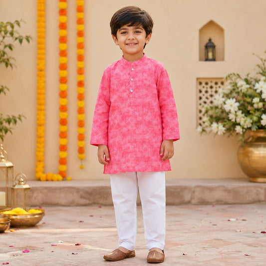 Woven Full Sleeves Digital Printed Kurta & Pyjama Set - Pink
