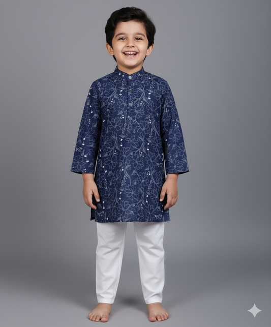 Woven Full Sleeves Floral Digital Printed Kurta & Pyjama Set - Navy Blue