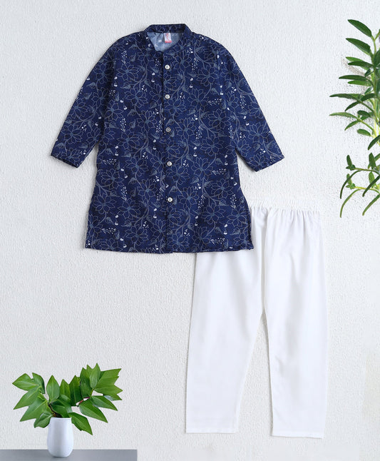 The Magic Wand Woven Full Sleeves Floral Digital Printed Kurta & Pyjama Set- Navy Blue