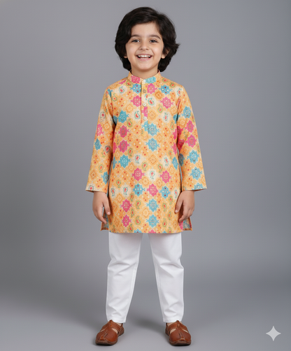 Woven Full Sleeves Diamond Digital Printed Kurta & Pyjama Set - Yellow