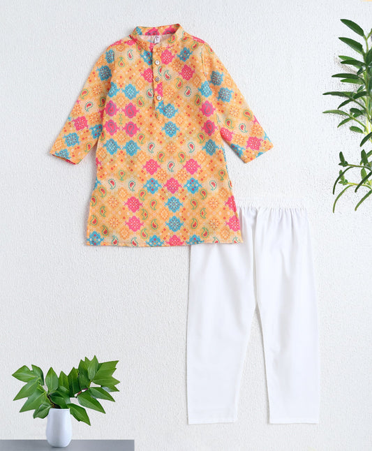 The Magic Wand Woven Full Sleeves Diamond Digital Printed Kurta & Pyjama Set- Yellow