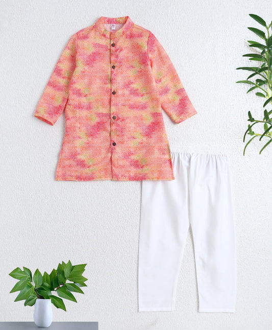The Magic Wand Woven Full Sleeves Abstract Digital Printed Kurta & Pyjama Set- Peach