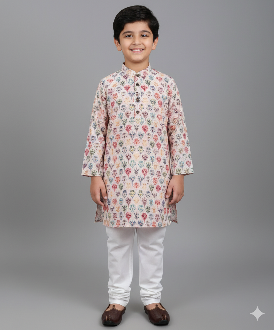 Woven Full Sleeves Digital Printed Kurta & Pyjama Set - Fawn