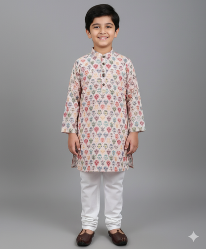 Woven Full Sleeves Digital Printed Kurta & Pyjama Set - Fawn