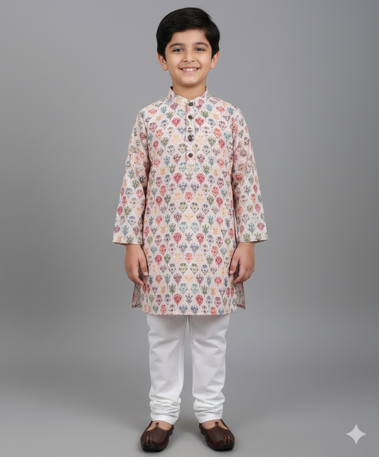 Woven Full Sleeves Digital Printed Kurta & Pyjama Set - Fawn