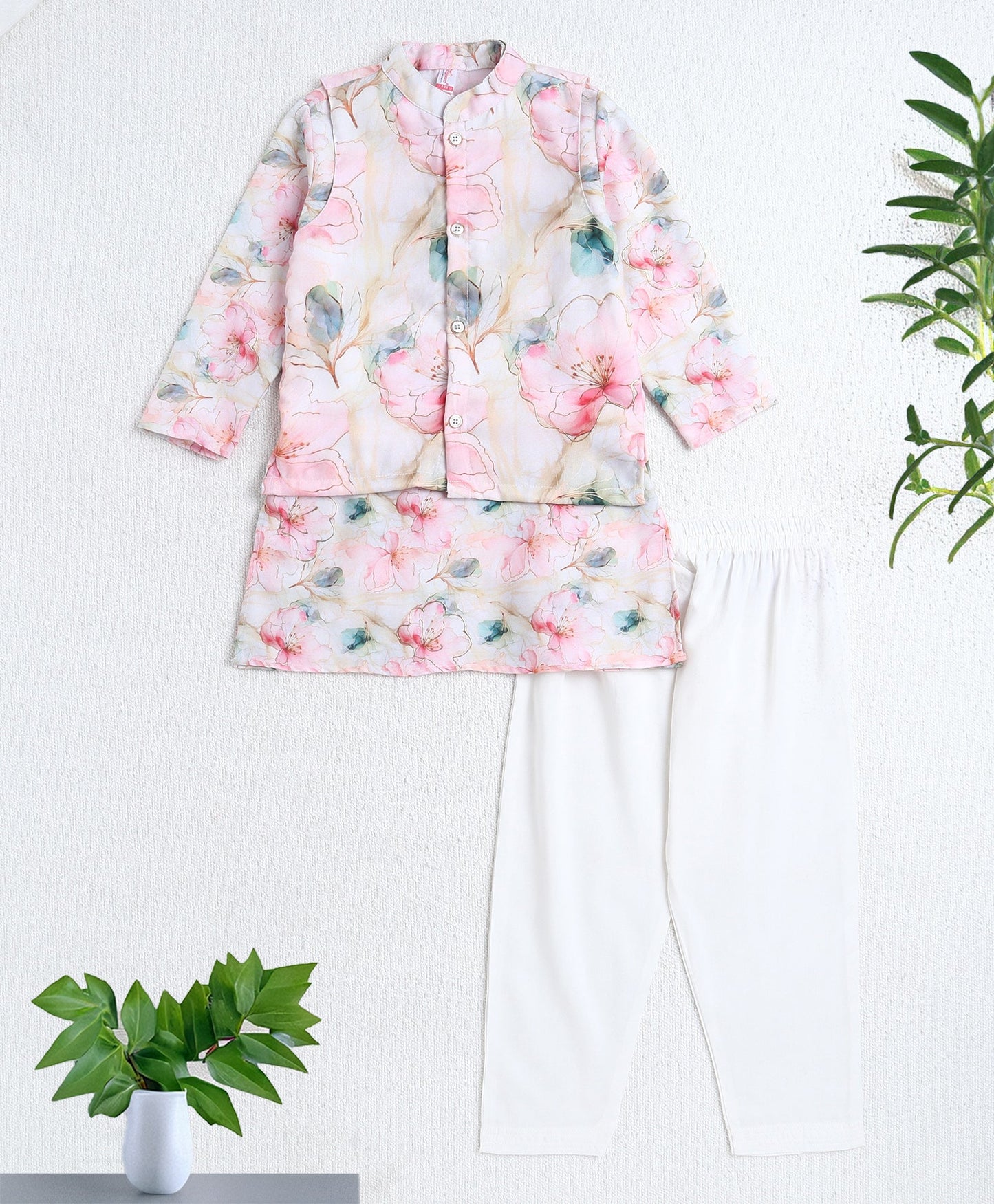 Woven Full Sleeves  Digital Foil Print Kurta and Pyjama Set with Jacket - Off White
