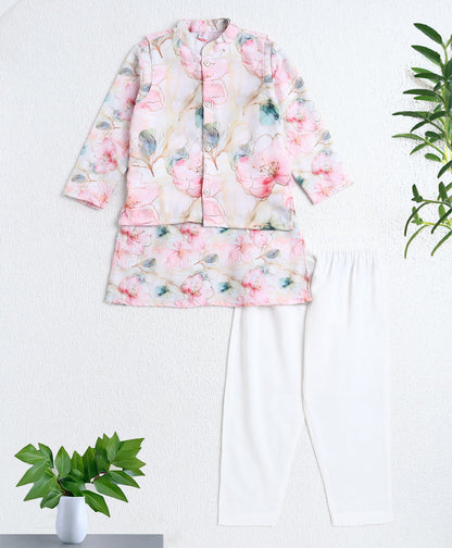 Woven Full Sleeves  Digital Foil Print Kurta and Pyjama Set with Jacket - Off White