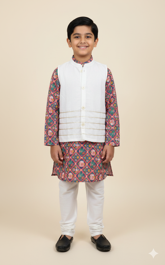 Woven Full Sleeves  Digital Printed Kurta and Pyjama Set with Jacket - Navy Blue