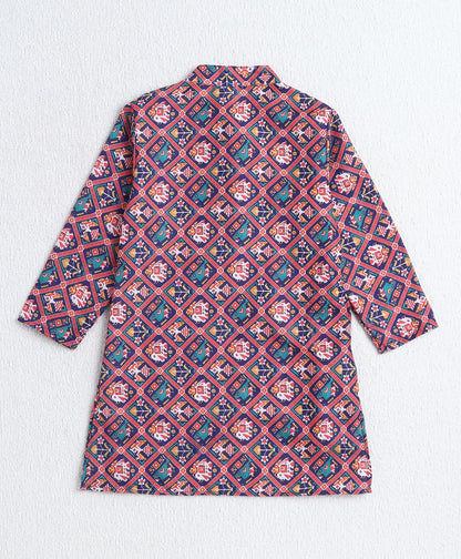 Woven Full Sleeves  Digital Printed Kurta and Pyjama Set with Jacket - Navy Blue